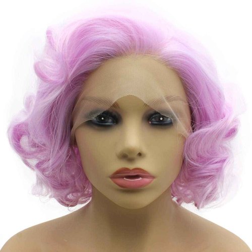 Iwonawig Short Curly Pastel Purple Wig Synthetic Lace Front Heat Resistant Fiber