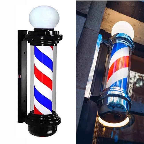MIUXIU 35-inch Barber Pole Red White Blue Stripes with LED Light,Traditional Barber Pole Outside Barber Shop Rotating Light Sign Light Box Rainproof Hairdressing Salon Save Energy Wall Lamp