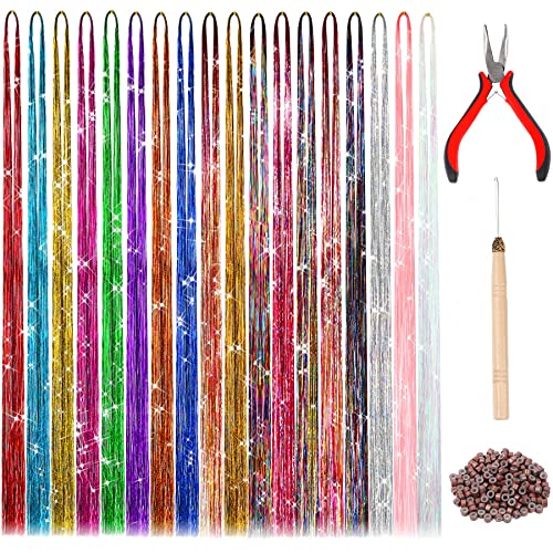 FEBSNOW 47 Inches Tinsel Hair Extension with Tool 3600 Strands 18 Mixed Colors Hair Extension Tinsel Kit Glitter Hair Extensions for Women Girls Hair Accessories for Christmas New Year Cosplay Party
