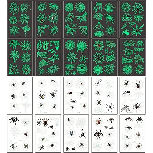 73PCS Luminous Halloween Spider Web Temporary Tattoos for Kids, Costume Makeup Glow in the Dark Fake Tattoo Stickers, Face Cosplay Holiday Party Favors Gifts for Adults Classroom School Prizes Reward
