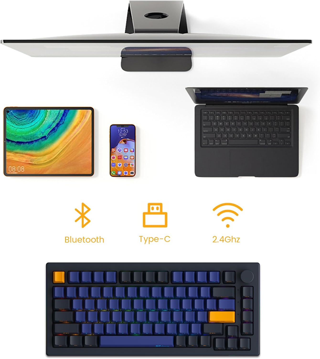 Akko 5075B Plus Mechanical Keyboard 75% Percent RGB Hot-swappable Creamy Keyboard with Knob, Black & Silver Theme with PBT Double Shot ASA Profile Keycaps V3 Creamy Yellow Pro Switch