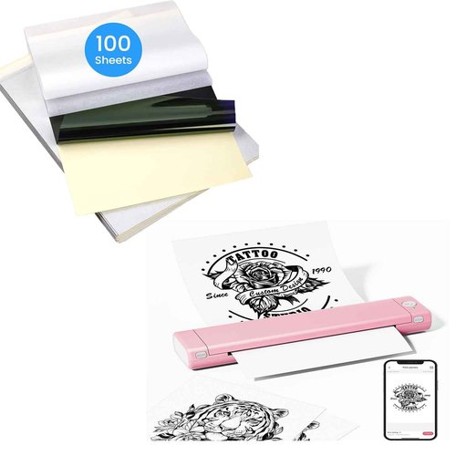 Phomemo M08F Wireless Tattoo Stencil Printer Pink & Tattoo Transfer Paper - 100 Sheets A4 Size, Bluetooth Wireless Inkless Printer Compatible with Mobile & Laptop for Home Office