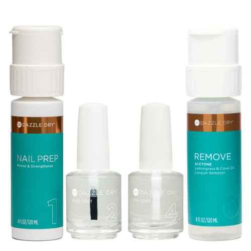 Dazzle Dry Step 1 - Nail Prep, 4 oz (120 mL) + Step 2 - Base Coat + Step 4 - Top Coat (0.5 oz /15 mL each) + Remove Acetone, Lemongrass + Clove Oil Lacquer Remover (4 oz / 120 mL)