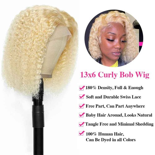 Legendhair Blonde Bob Wig Human Hair 613 13x6 Lace Front Wig Human Hair Short Curly Bob Wigs for Black Woman Glueless Wigs Human Hair 613 Frontal Wigs Pre Plucked With Baby Hair180% Density (16 Inch)