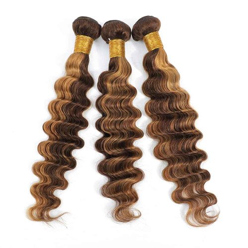 P4/27 Highlight Deep Wave Bundles Brown and Honey Blonde Human Hair 3 Bundles Brazilian 100% Unprocessed Virgin Extensions Double Weft Bundle Piano Color 14 16 18 Inch