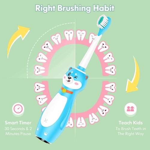 DADA-TECH Kids Electric Toothbrush Rechargeable, Sonic Silicone Teeth Brush with Timer for Children Boys Girls Ages 3+, 3 Modes with Memory, 4 Soft Brush Heads (Blue Shiba Inu Dog)