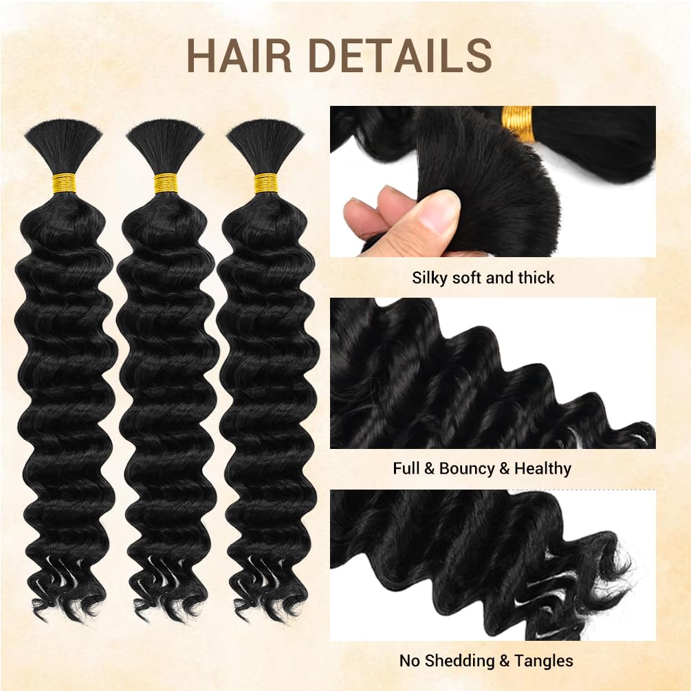 Human Braiding Hair for Boho Knotless Braids 3 Bundles 18 Inches 150g Deep Wave 10A Brazilian Virgin Human Bohemian Hair for Braiding Natural Black 1B