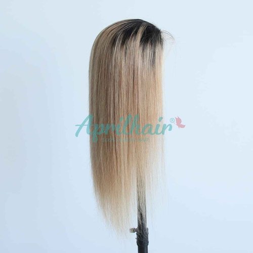 Aprilhair Pre-plucked Ombre #1B/27 Dark Root Honey Blonde 360 Lace Frontal Wigs Straight Glueless 150% Density Brazilian Virgin Human Hair With Baby Hair Full (12" inch, Straight)