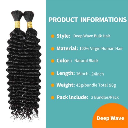 Human Braiding Hair for Boho Braids 22Inch Deep Wave Bulk Human Hair No Weft 90g (2Bundles-1Pack)10A Brazilian Virgin Curly Hair Extension Wet and Wavy Micro Human hair Braiding Hair
