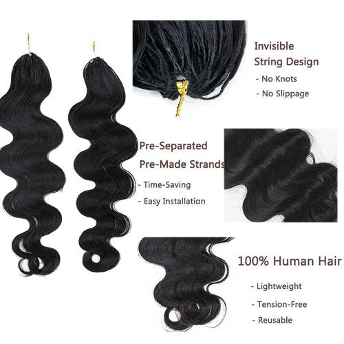 Body Wave Pre Separated Crochet Human Hair Braids Extensions Body Wave Brazilian Virgin Hair for Boho Braiding Knotless Feather Hair Extensions For Black Women Natural Color 22inch 60g
