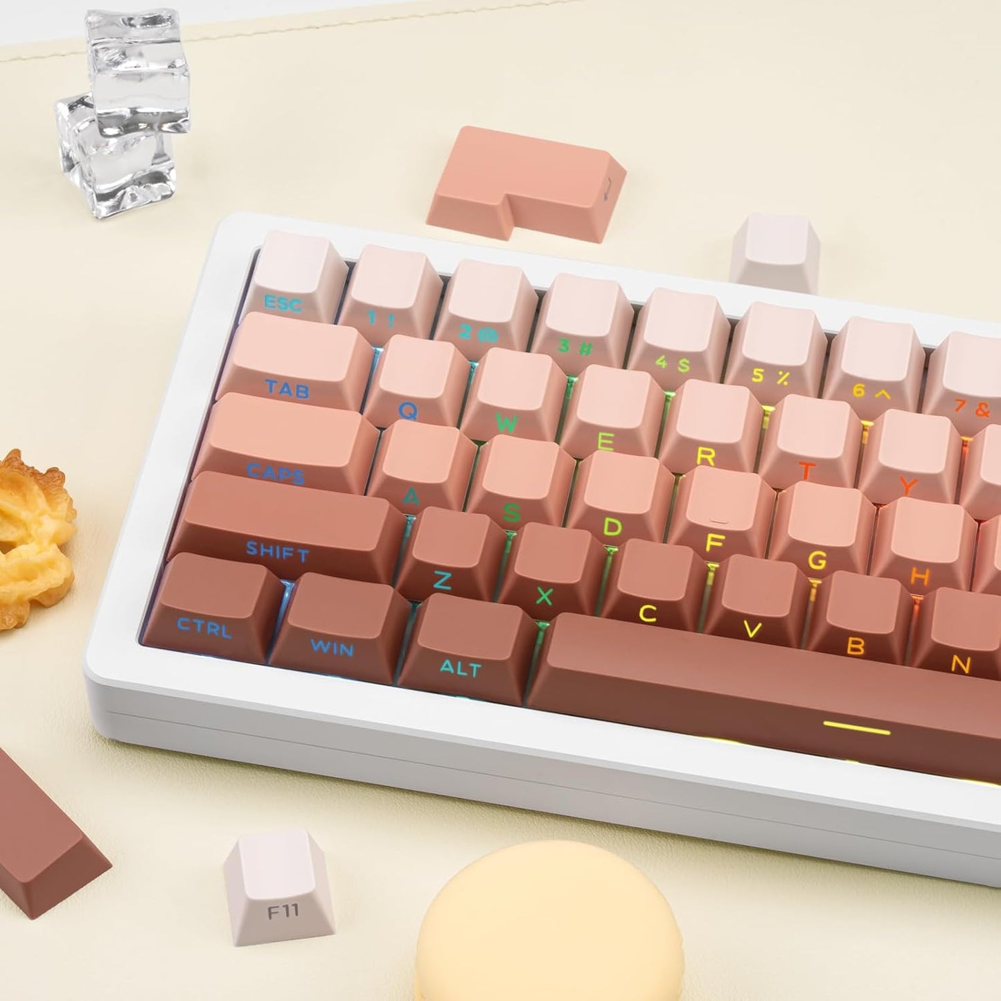 136 Keys Cherry Profile Shine Through PBT Keycaps Set, Pink Gradient Keycap Side Print, Double Shot PBT Key caps Cute, Backlit Custom White Keycaps for ANSI/ISO Layout Mechanical Keyboard