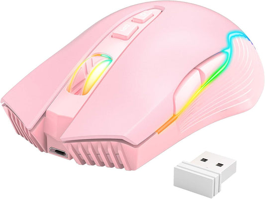 Aimzone Pink Gaming Mouse with RGB, USB Wireless Mouse for Gaming with Adjustable DPI, Multiple LED Lightning Effects, Rechargeable Wireless Mouse, Full Compatible with Mac & Windows (Pink)