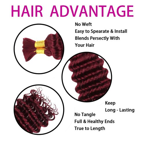 Burgundy Human Braiding Hair 26 Inch Deep Wave Bulk Human Hair for Braiding No Weft 2 Bundles 100g Curly Braiding Hair Brazilian Curly Human Hair Extensions for Boho Braids 99J Red Braiding Hair