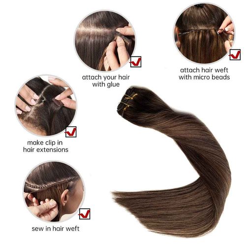 Sew in Hair Extensions Real Human Hair, Weft Hair Extensions Human Hair Bundles 16 Inch 100G Dark Brown Balayage Light Brown Hair Bundle Human Hair Hand Tied Weft Hair Extension for Women