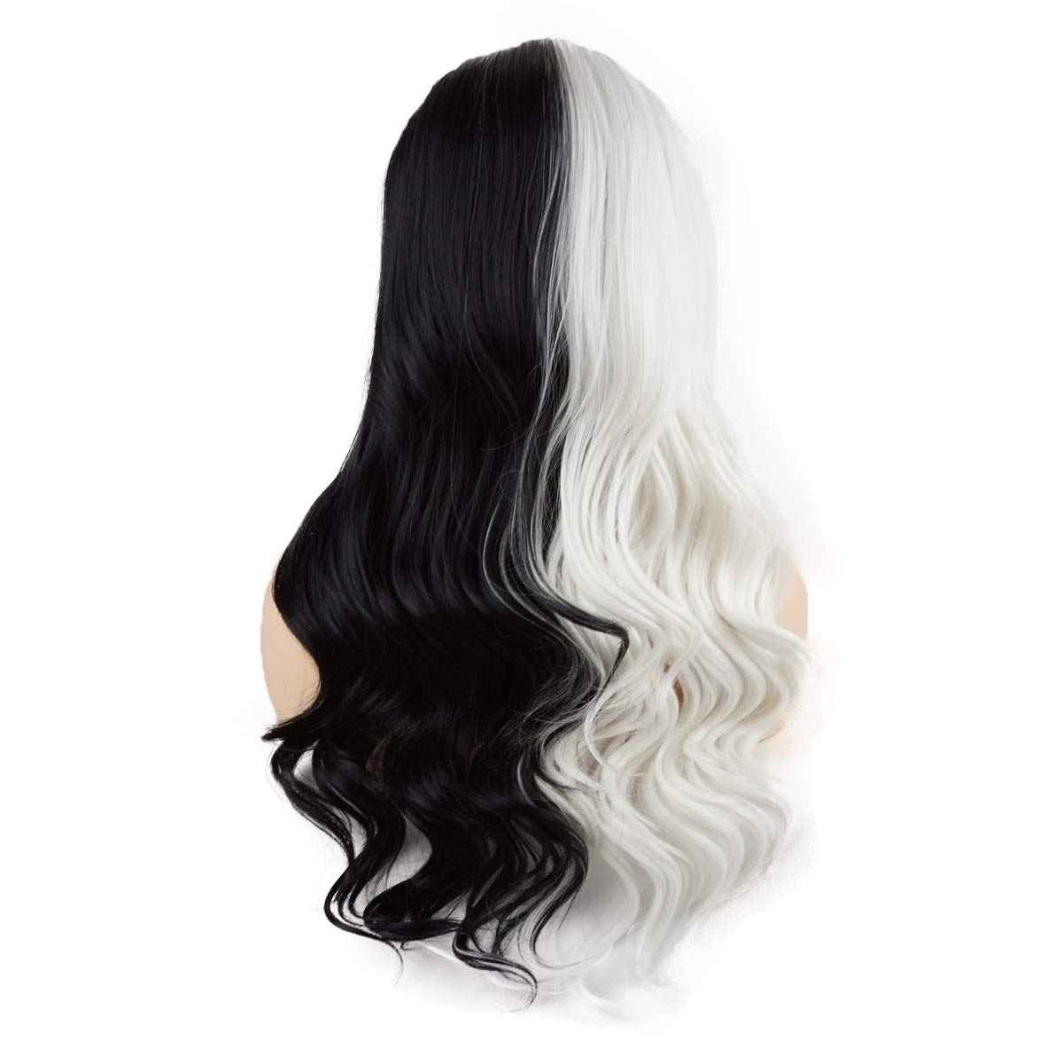 Meiyite Hair Wavy Long 24inch Half Black and Half White Mix Half Hand Tied Heat Resistant Synthetic Lace Front Wigs