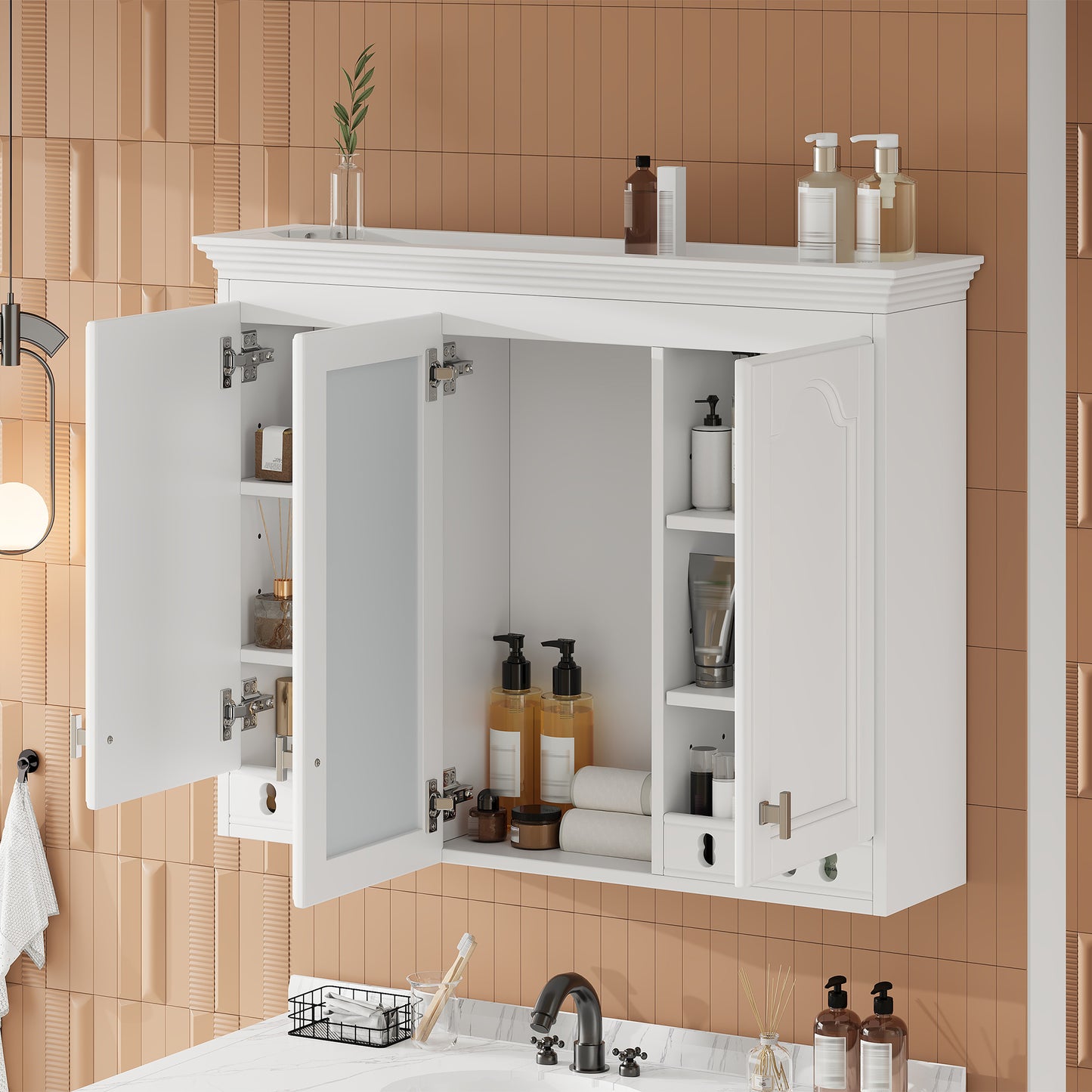 35 Inch Wall-Mount All-in-One Mirror Cabinet With Adjustable Shelves,