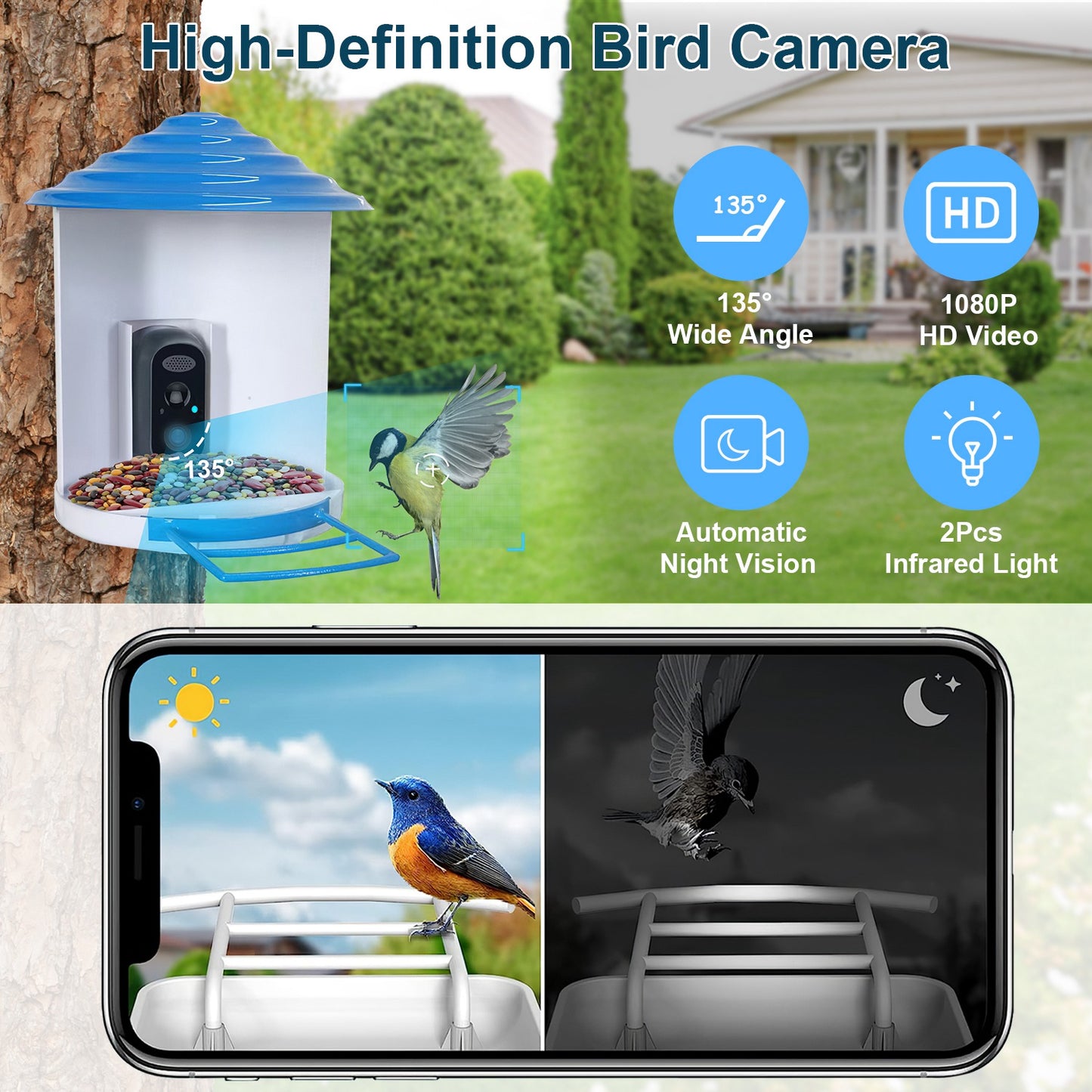 Wireless Bird Feeder with HD Camera Solar Power Night Vision App Control