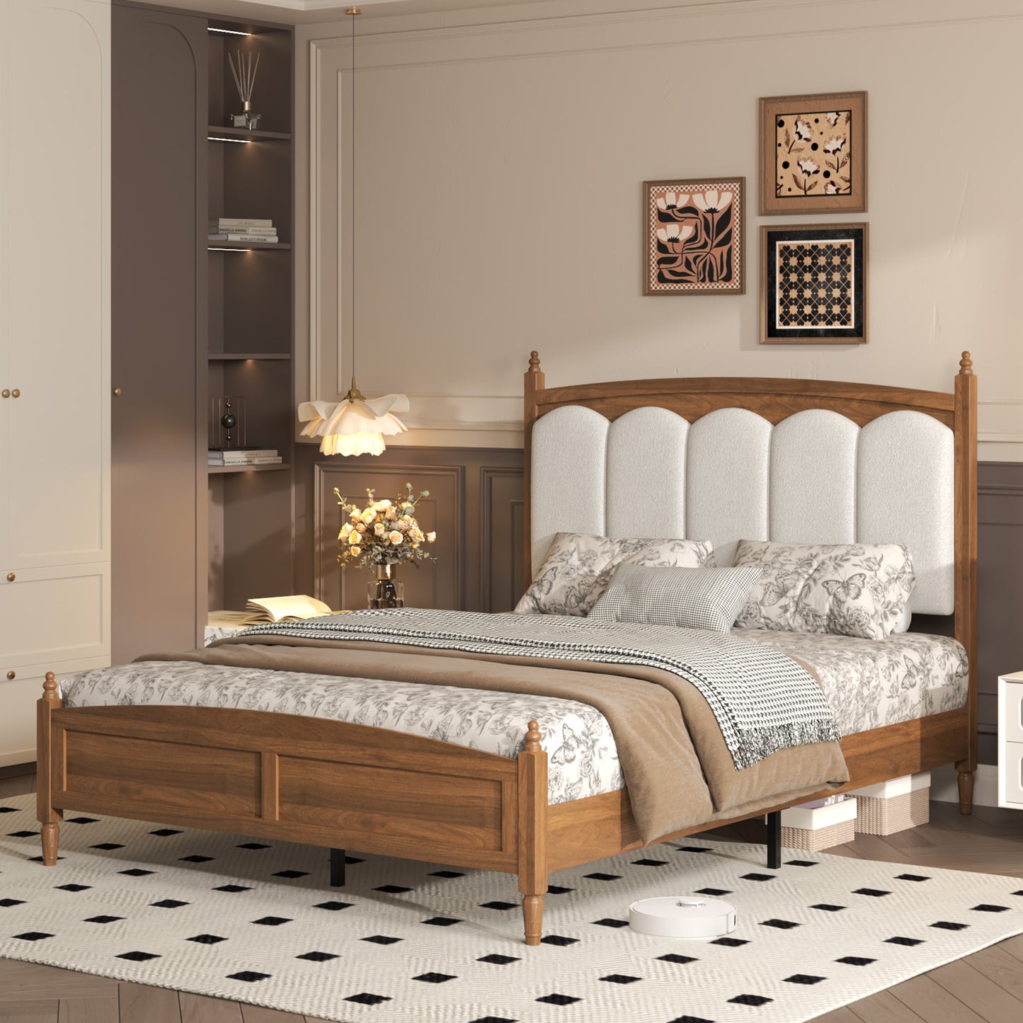 Queen Size Platform Bed Frame with Upholstered Headboard - Brown