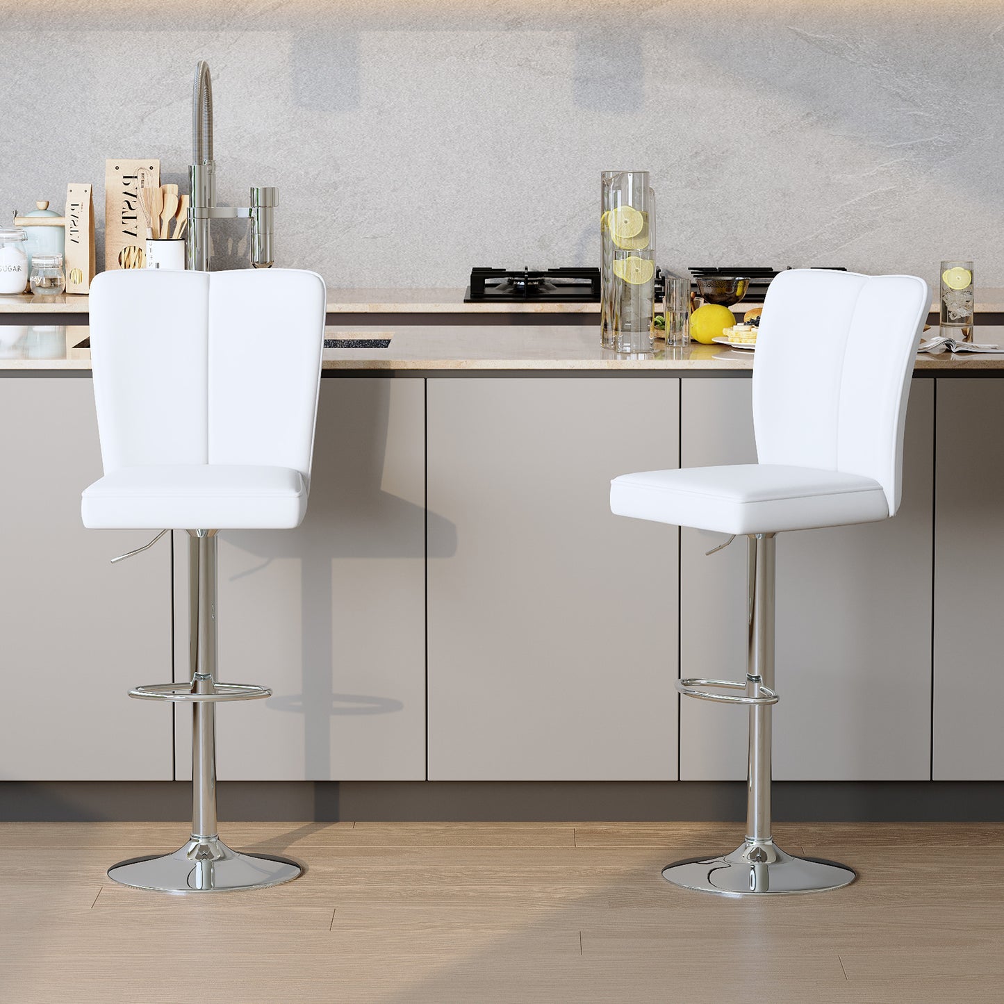Modern White PU Bar Stool Set - 2-Piece, Featuring Vertical And