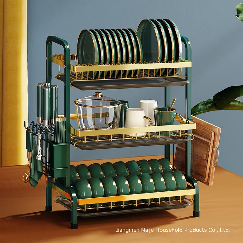 Two-Layer Kitchen Dish Rack Drainer with Cutting Board & Utensil Holders