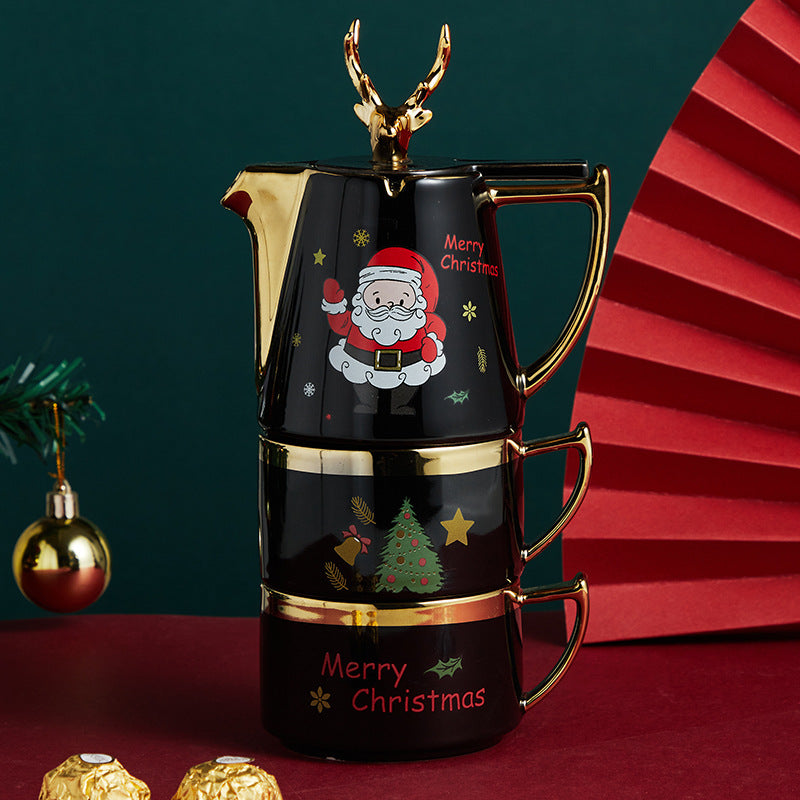 Ceramic Teapot Set with Cups and Plates - Christmas Elk Design, Portable & High-Temperature Resistant