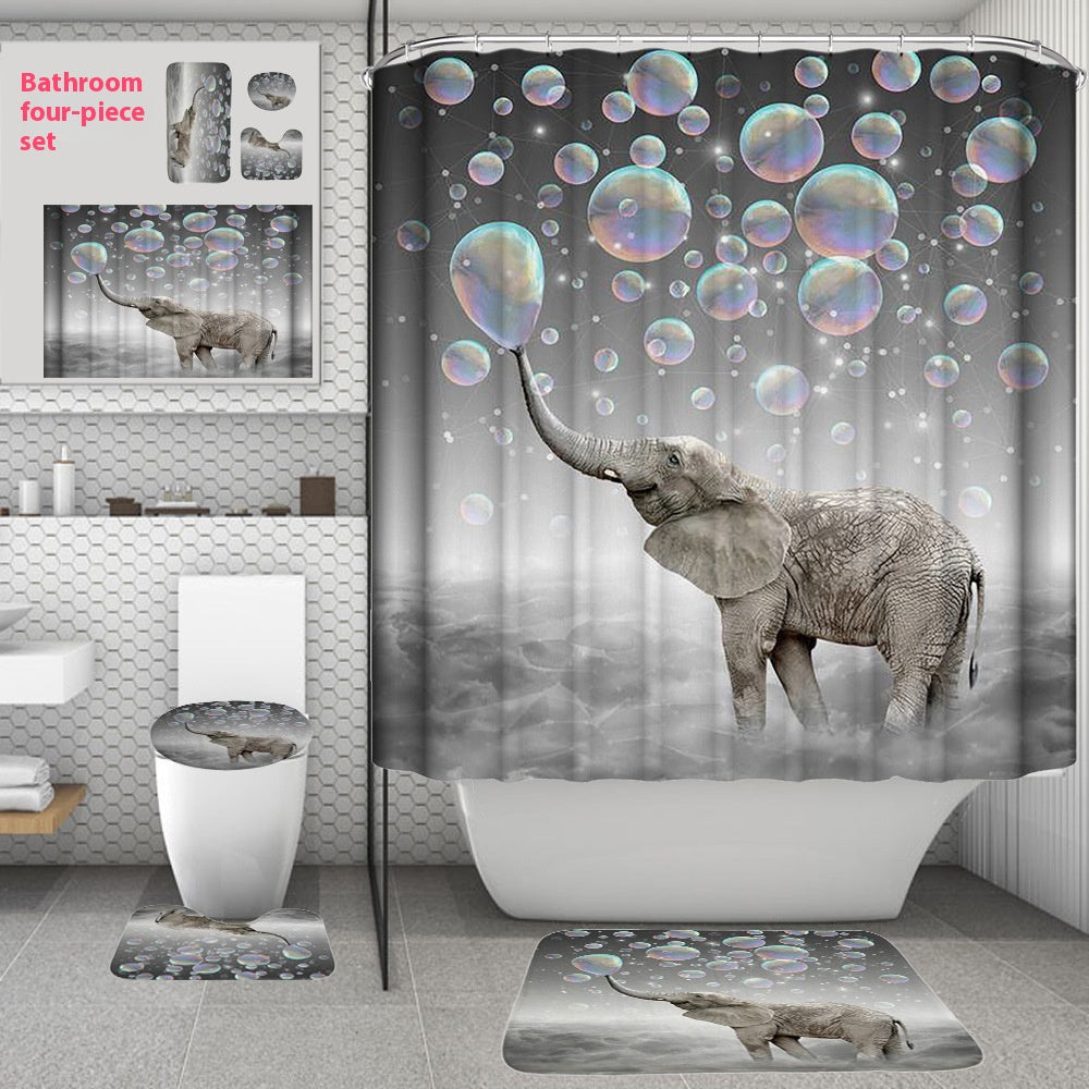 Bathroom Shower Curtain and Floor Mat Set Ocean World Printing - 4 Piece