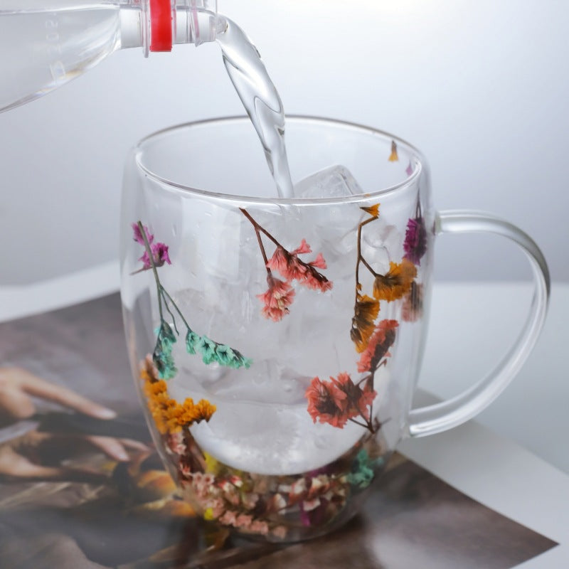 Double-Layer Glass Dried Flower Handled Cup - Modern Insulated Drinkware