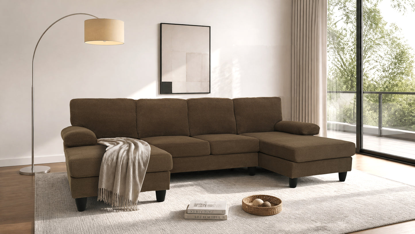 Comfortable U-Shaped Sofa with Dual Chaise & Nubby Upholstery - Coffee