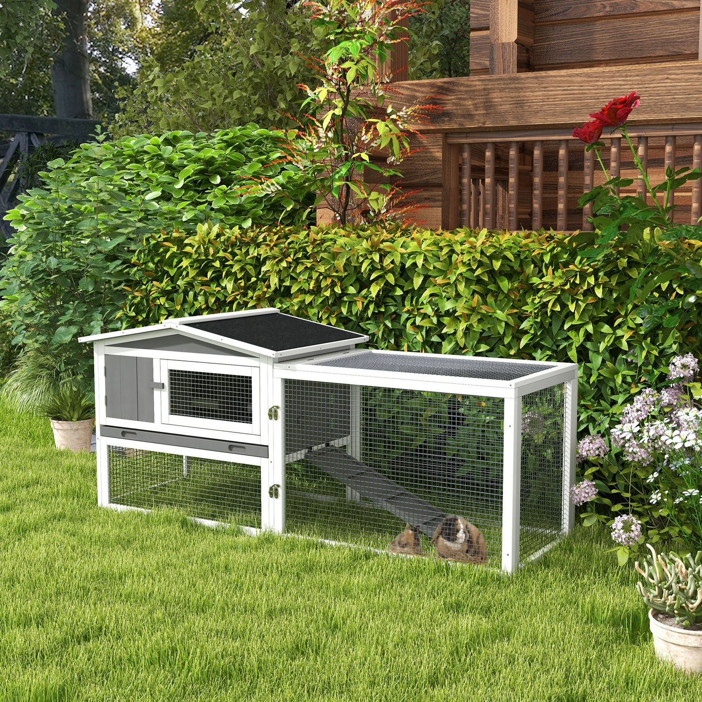 Large Indoor Outdoor Small Animal Cage with Slide-Out Tray - 61.5 x 23 x 27 Inches, Light Gray