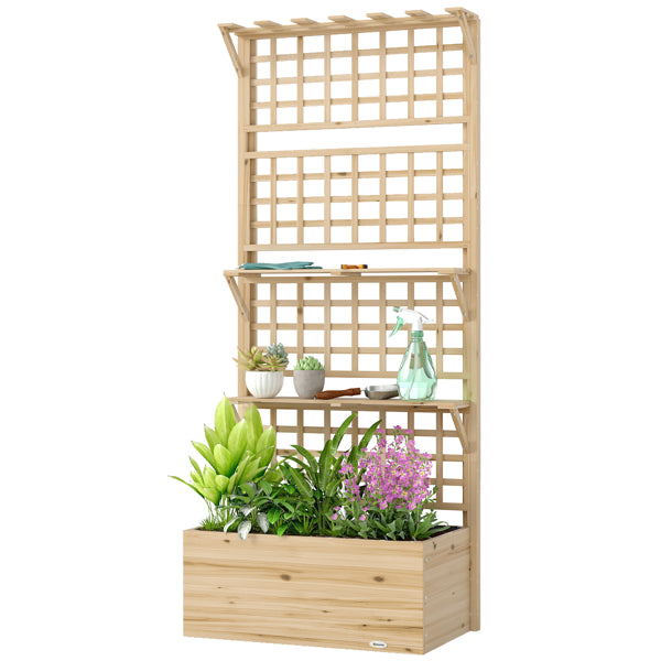 Raised Garden Bed with Trellis and Storage Shelves - Natural Wood