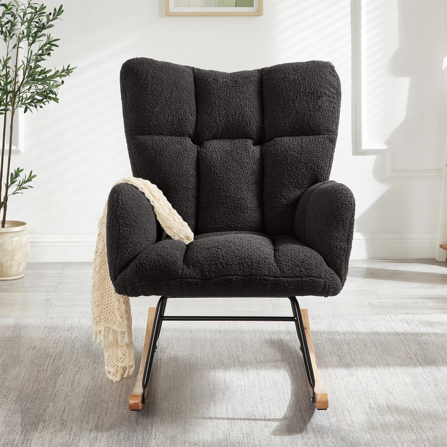 Dark Gray Tufted Teddy Fabric Rocking Chair with Metal Frame