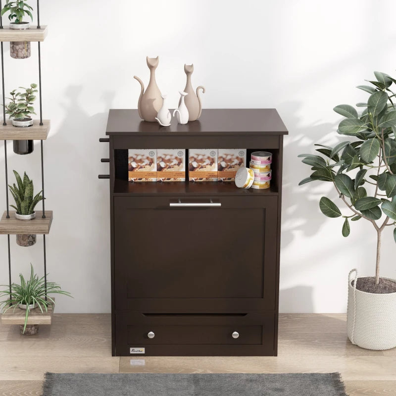 Dog Food Storage Cabinet with Elevated Bowls and Side Hooks - Brown
