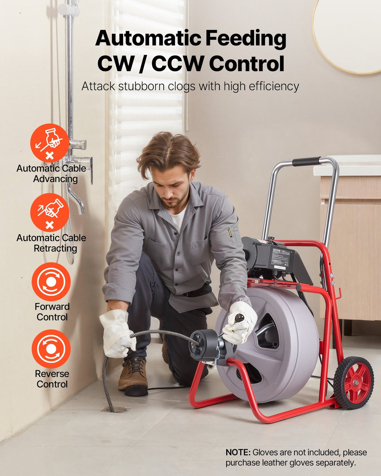 Drain Cleaner Machine 75FT x 1/2 Inch with Auto Feed & 8 Cutters for 2-6 Inch Pipes