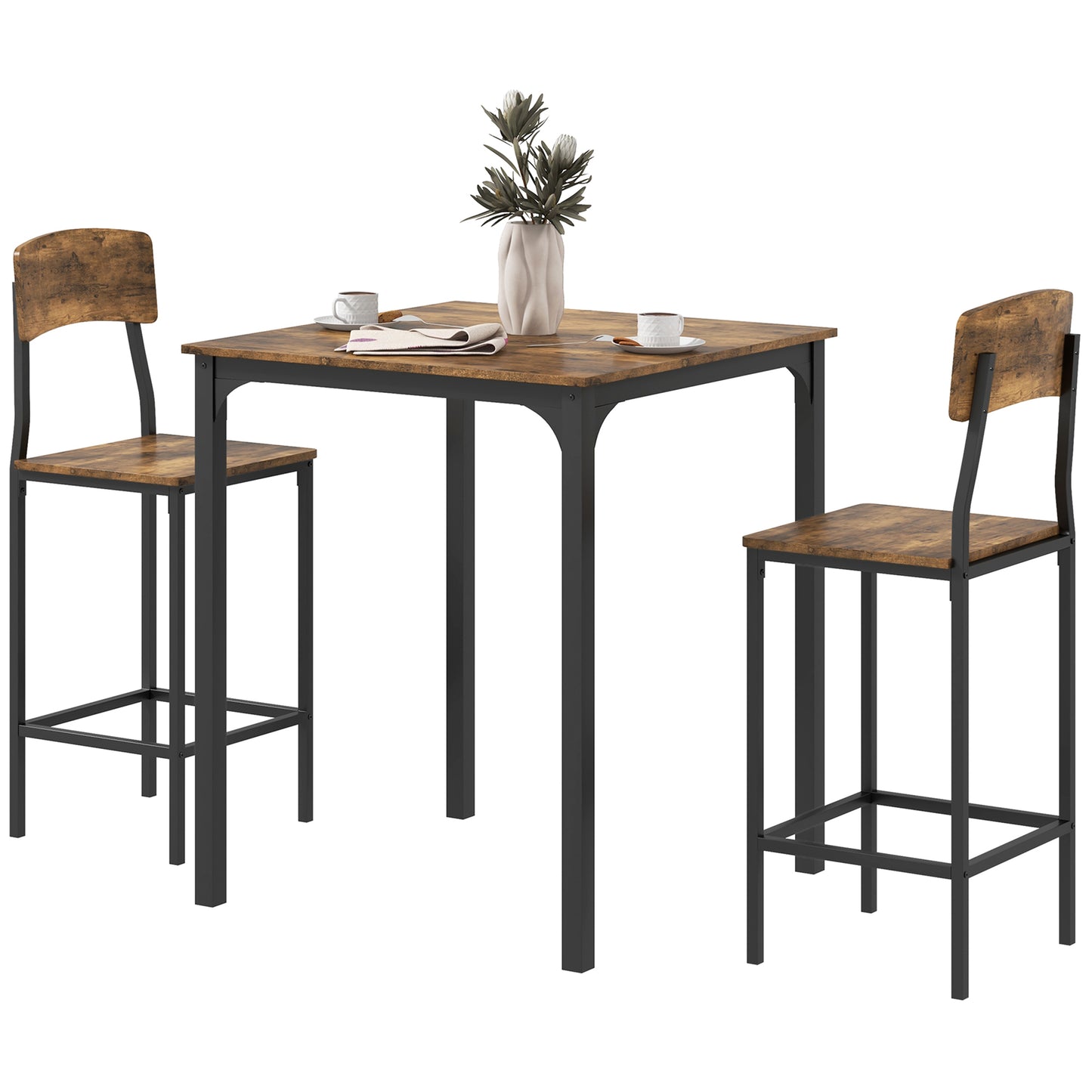 3-Piece Rustic Brown Dining Table Set with 2 Stools