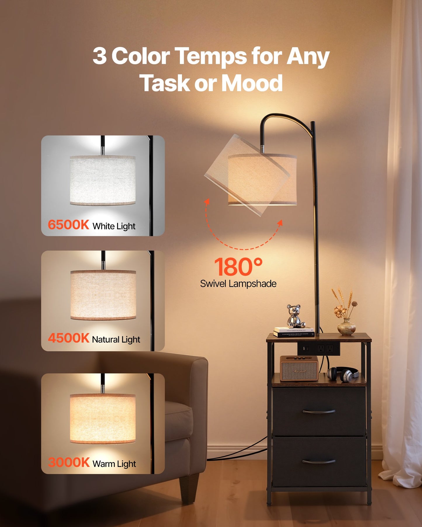 Floor Lamp With 2-Tier End Table and USB Charging Port - Modern Bedside Nightstand with Adjustable Color Temp
