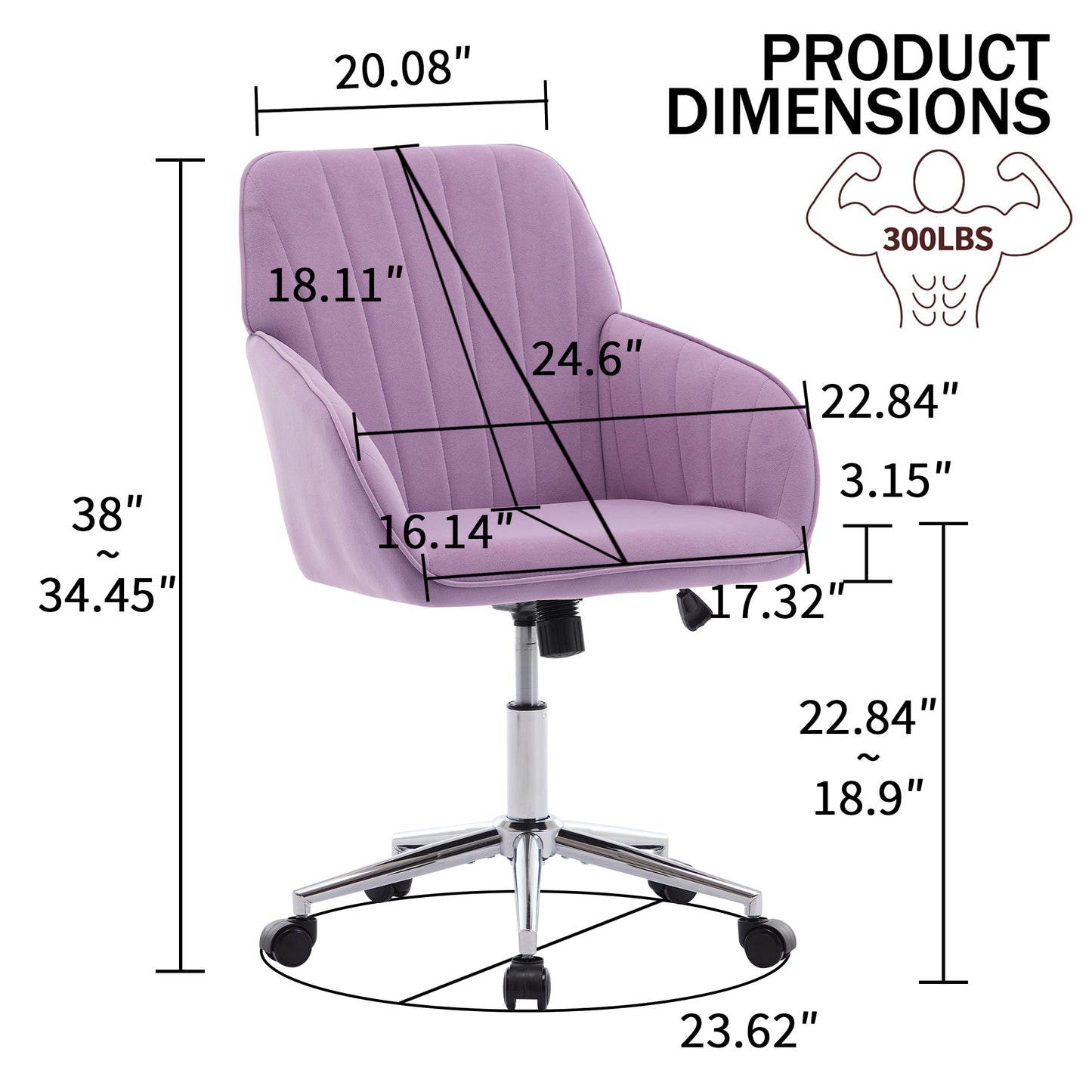 Ergonomic Adjustable Office Chair - Lilac Velvet Swivel Seat