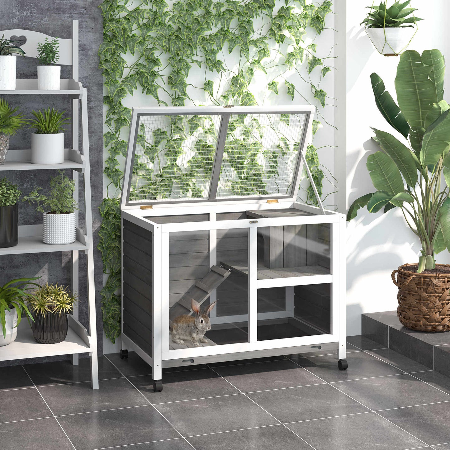 Pet Rabbit Hutch on Wheels - Compact Wooden Cage with Plexiglass Window & Open Roof