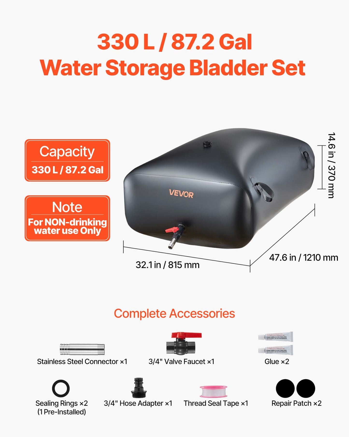 87.2 Gal Collapsible Water Storage Bladder with Leakproof Seals for Camping RV Garden