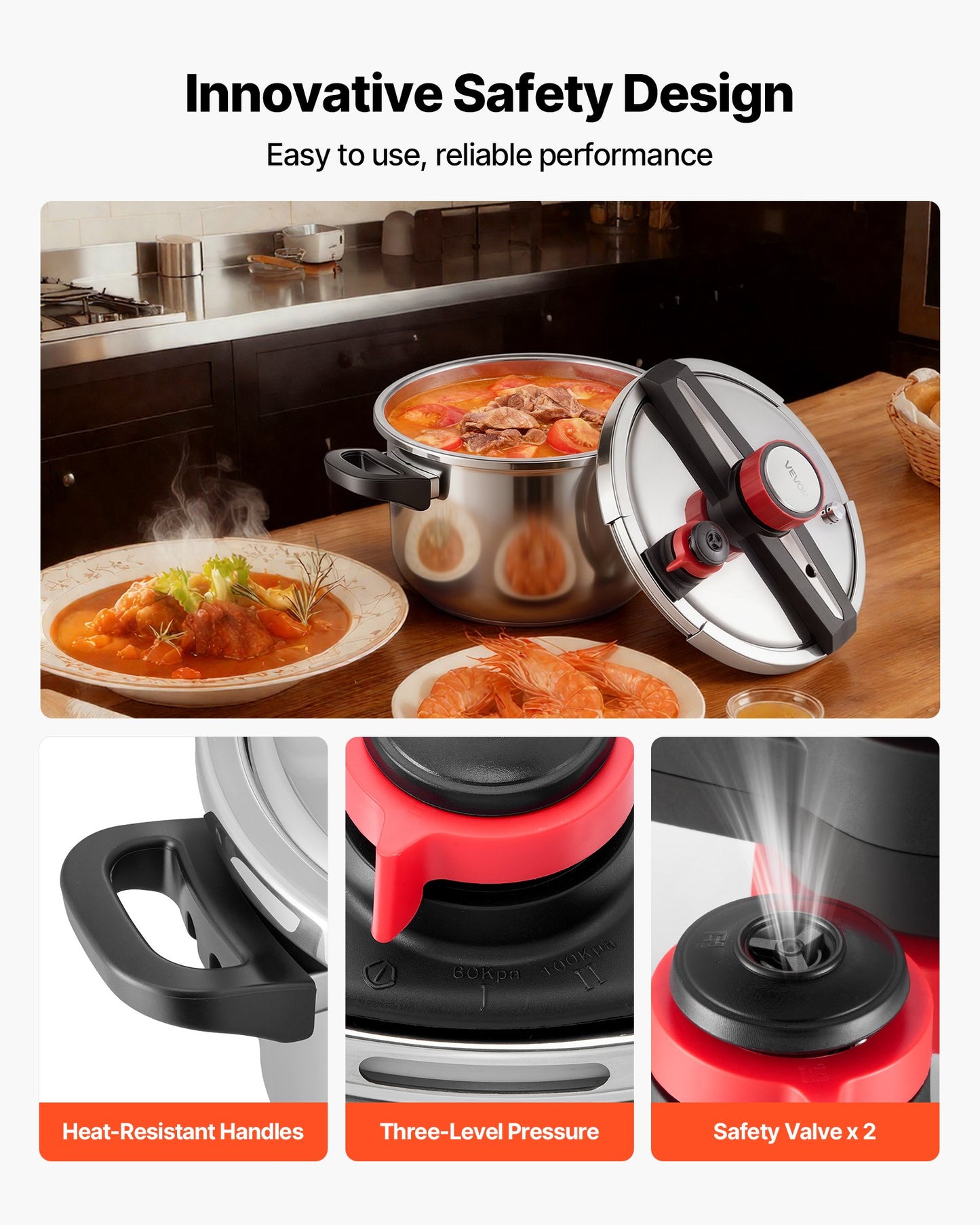 10Qt Stainless Steel Pressure Cooker with Steaming Rack - 3 Pressure Settings