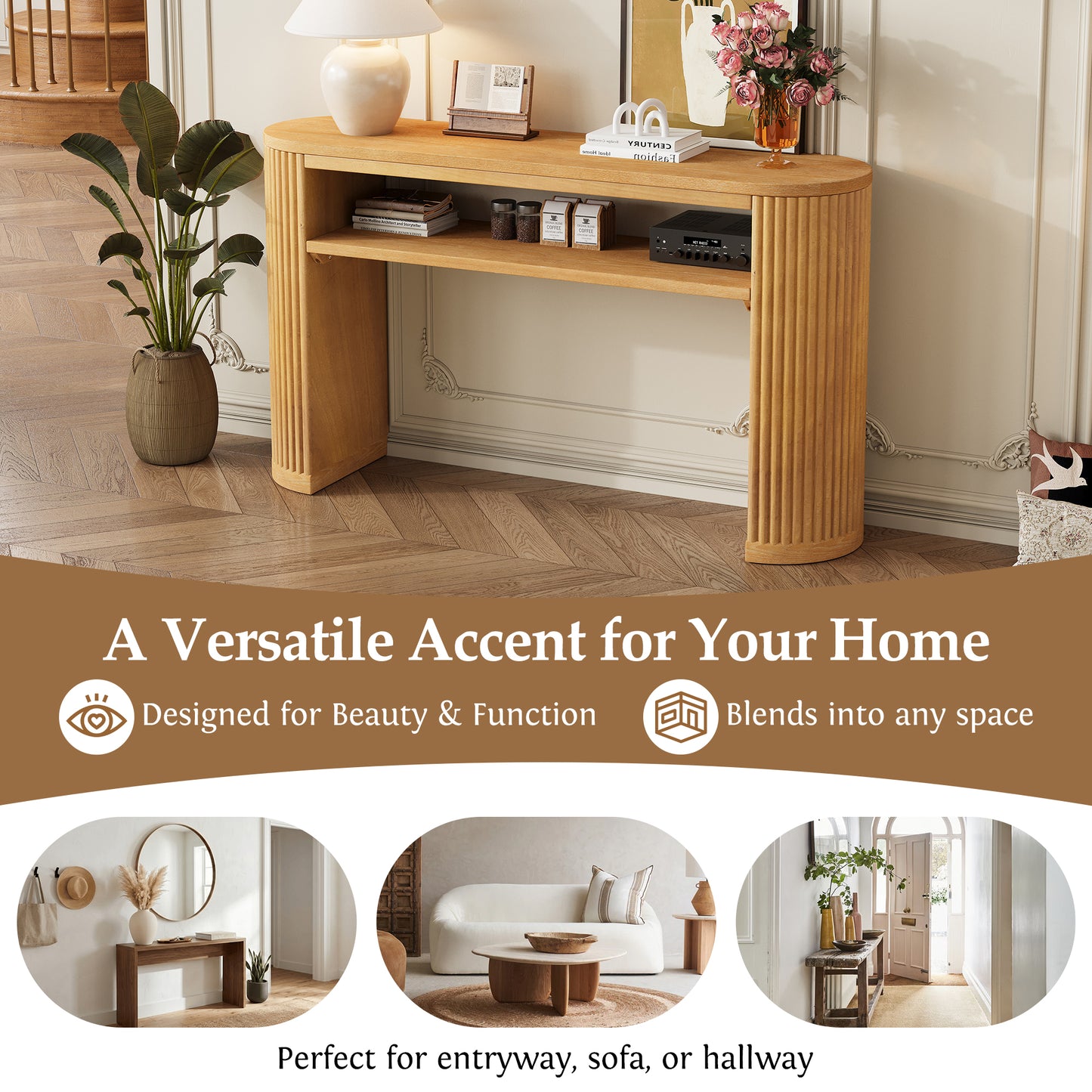 Rustic Console Table with Fluted Legs - Farmhouse Oval Accent Table
