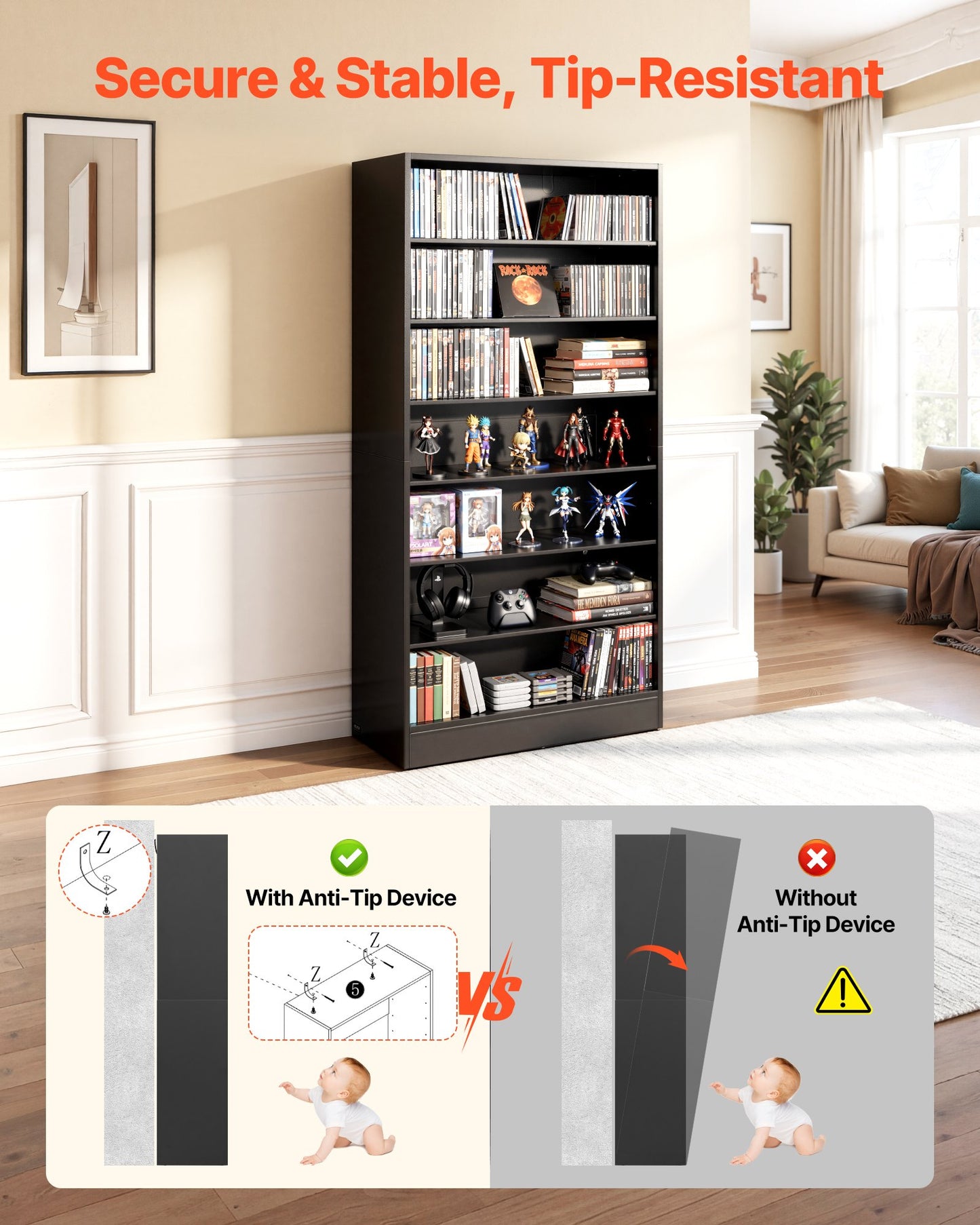 Media Storage Cabinet 7-Tier DVD Shelf Organizer for CDs, DVDs, Books & Games - Black