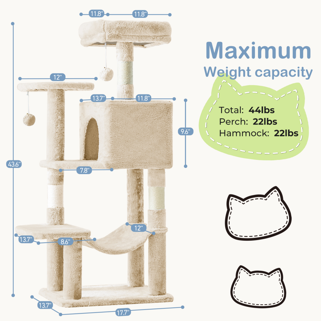 44-Inch Multi-Level Cat Tree Tower with Scratching Posts, Platforms & Hammock