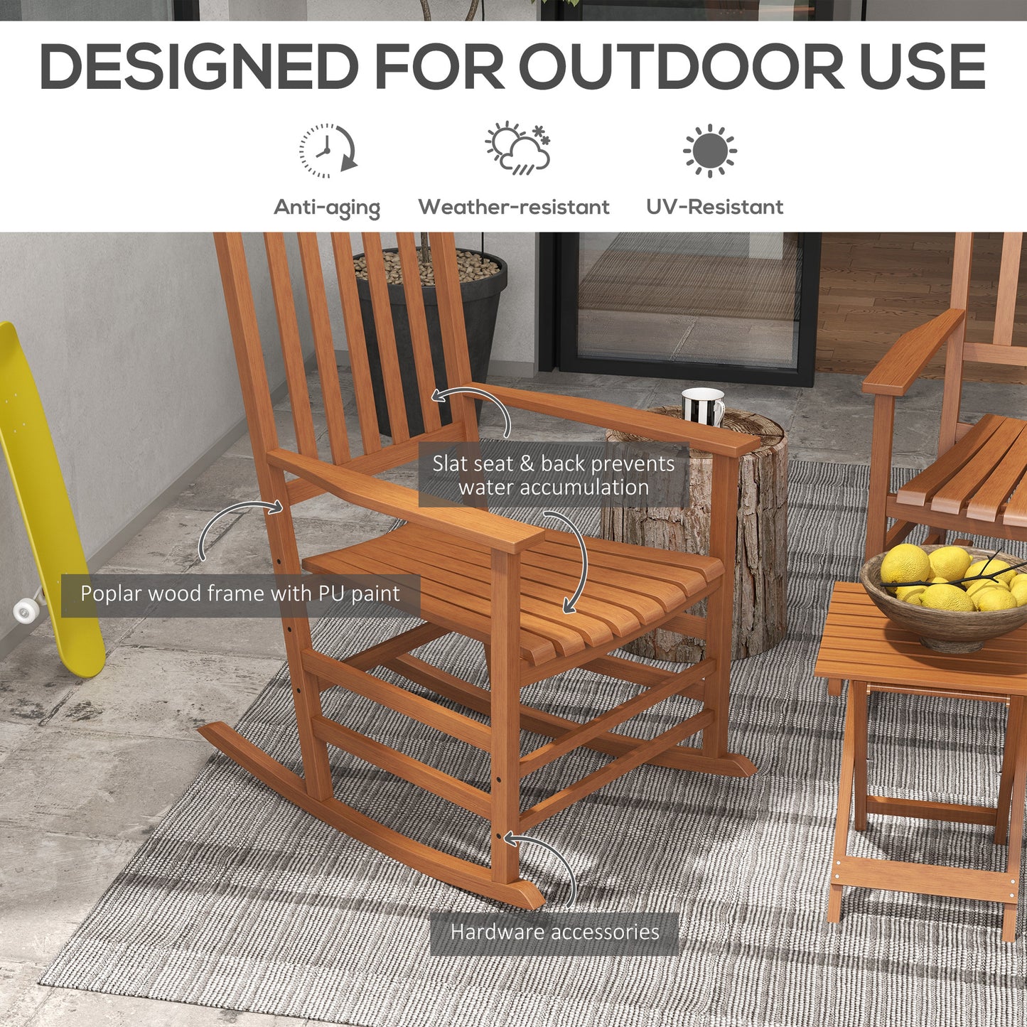 Wooden Rocking Chair Set with Side Table - Teak Finish