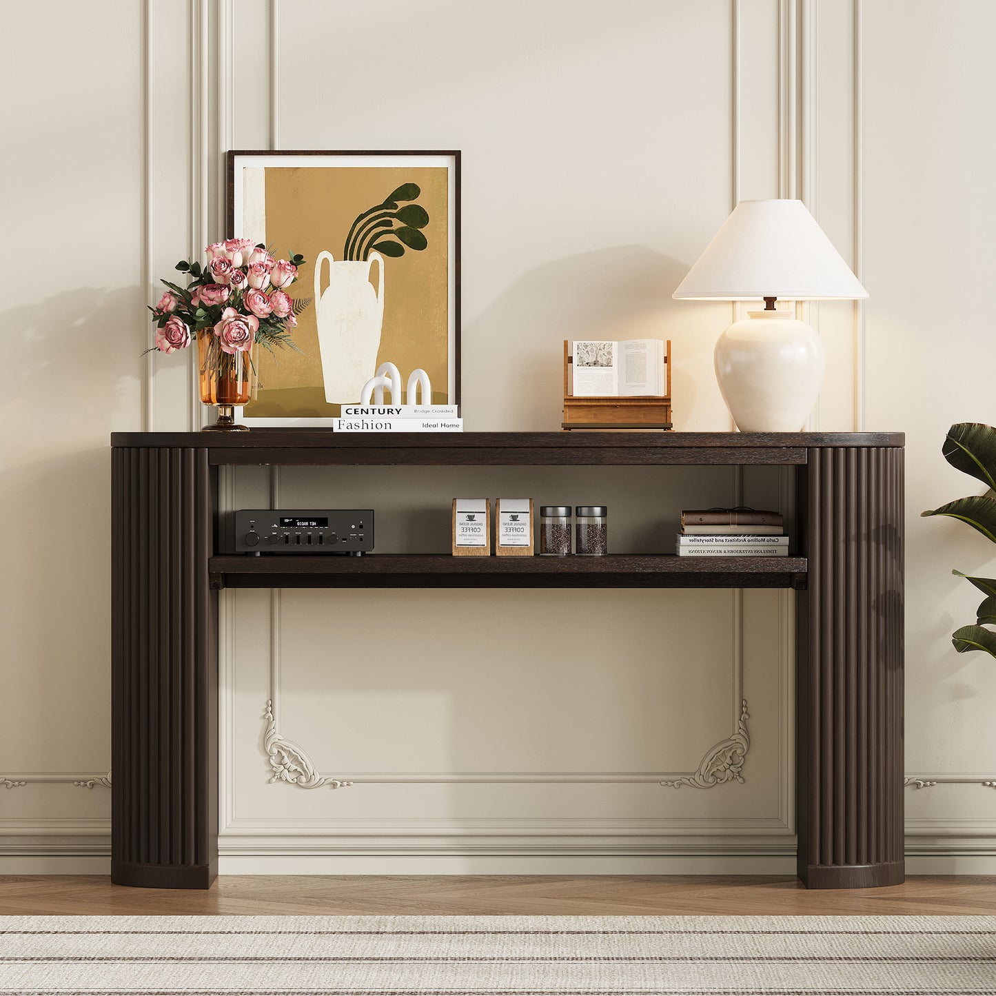 Rustic Console Table with Fluted Legs - Vintage Farmhouse Accent Table, Ash Veneer Top, Open Shelf - Espresso