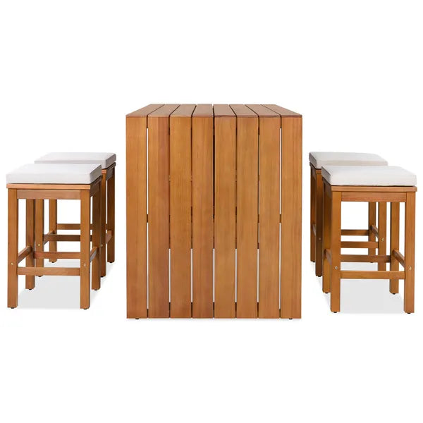 5-Piece Outdoor Bar Set with Cushions - Acacia Wood Table & Stools