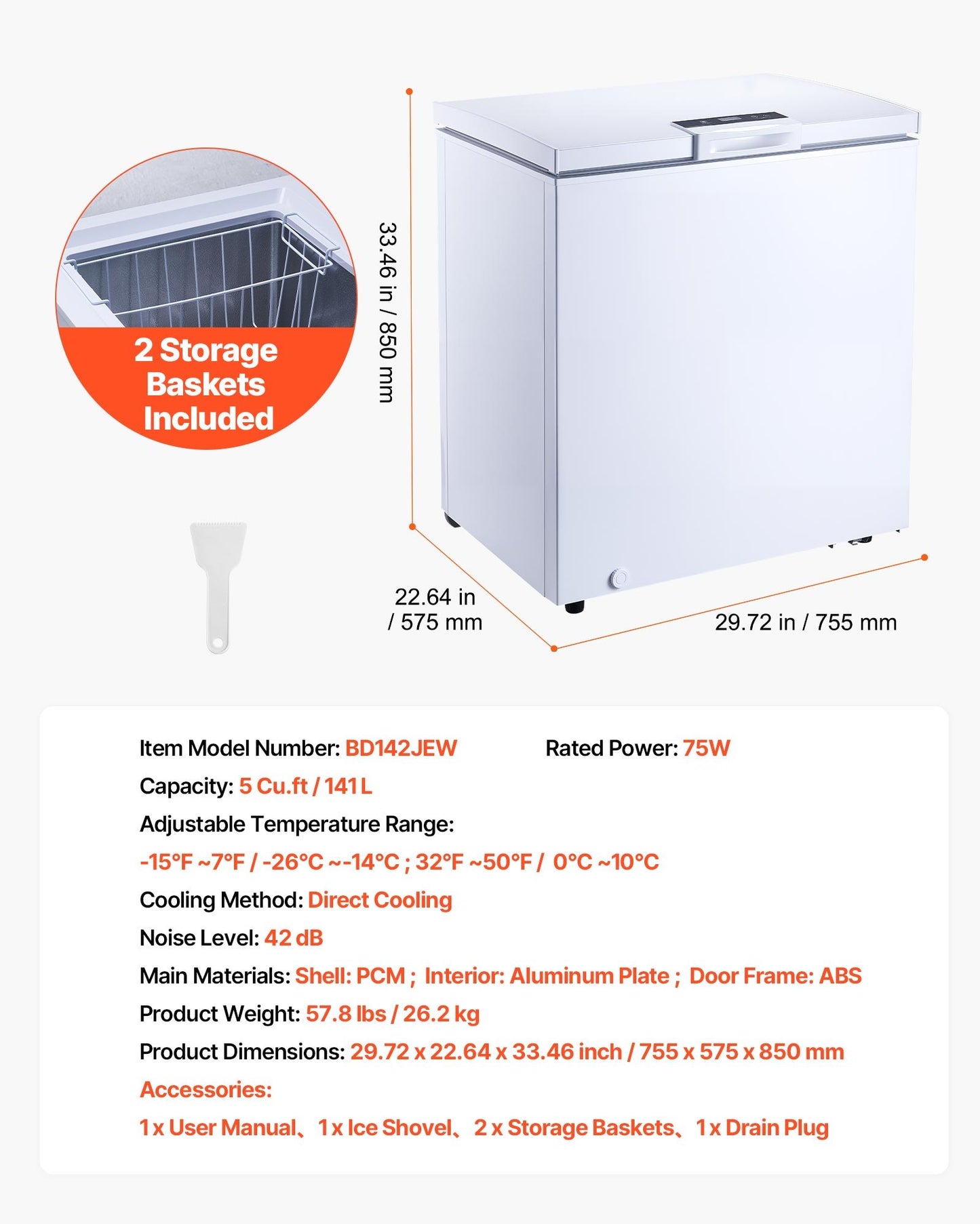 Compact Chest Freezer 5 Cu.ft with Removable Baskets & Adjustable Thermostat