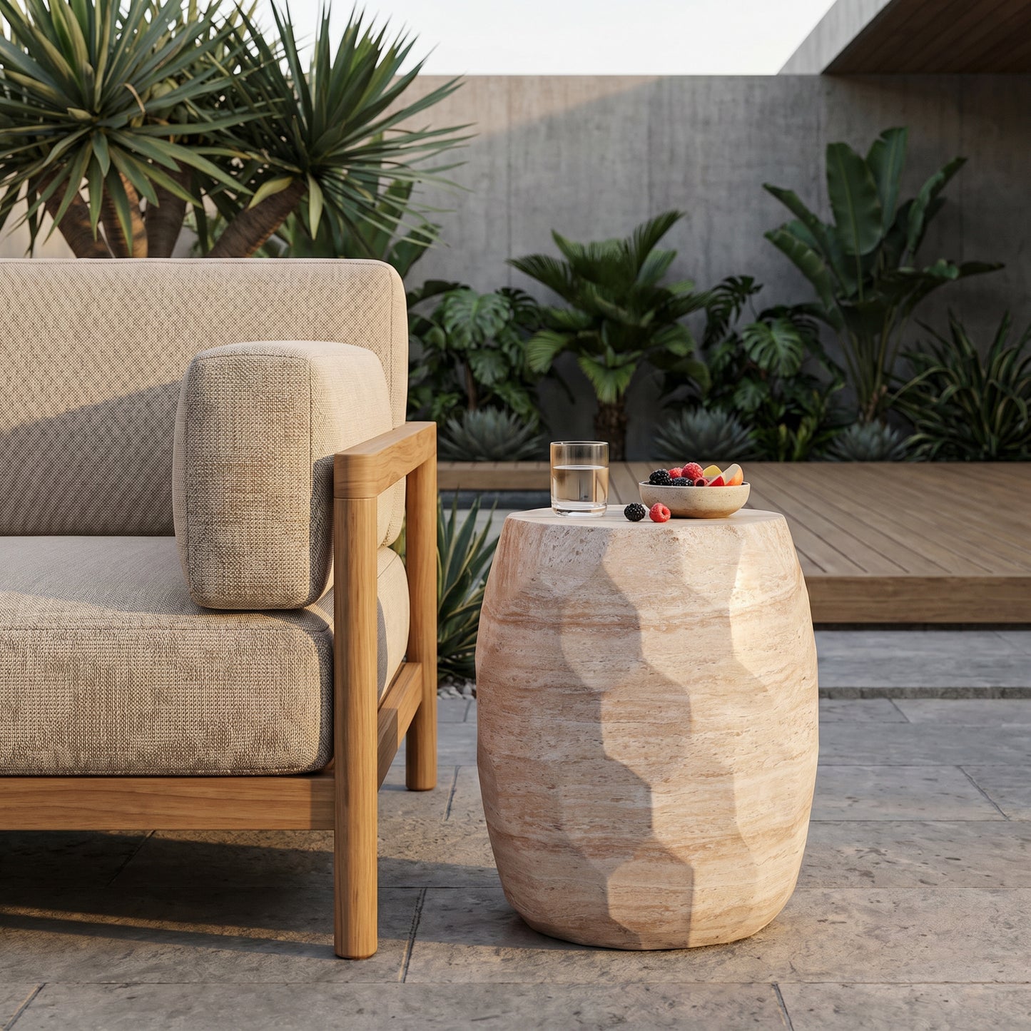 Lightweight Concrete Side Table with Travertine Finish - Beige