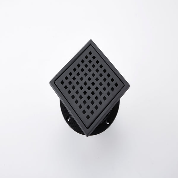 6 Inch Square Shower Drain with Removable Grate Stainless Steel Hair Strainer Matte Black