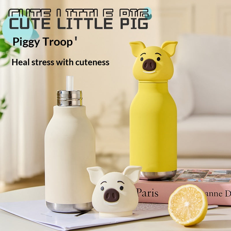 Cute Cartoon Pig Insulated Stainless Steel Cup - 450ml, Keeps Drinks Hot or Cold