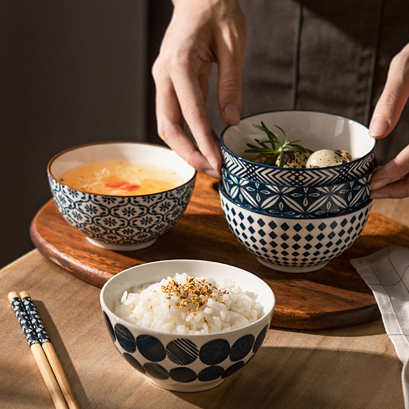 Ceramic Bowl Set 5pcs - 4.5 Inch Porcelain Dinnerware in Blue or Red